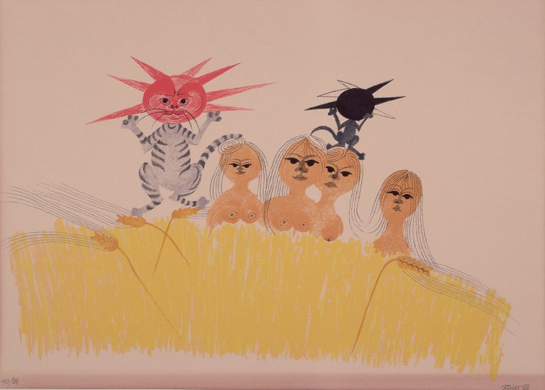 Mogens Zieler (1905-1983), dansk maler og tegner, farvelitografi på papir. 
Dansende kat og kvindeansigter.
