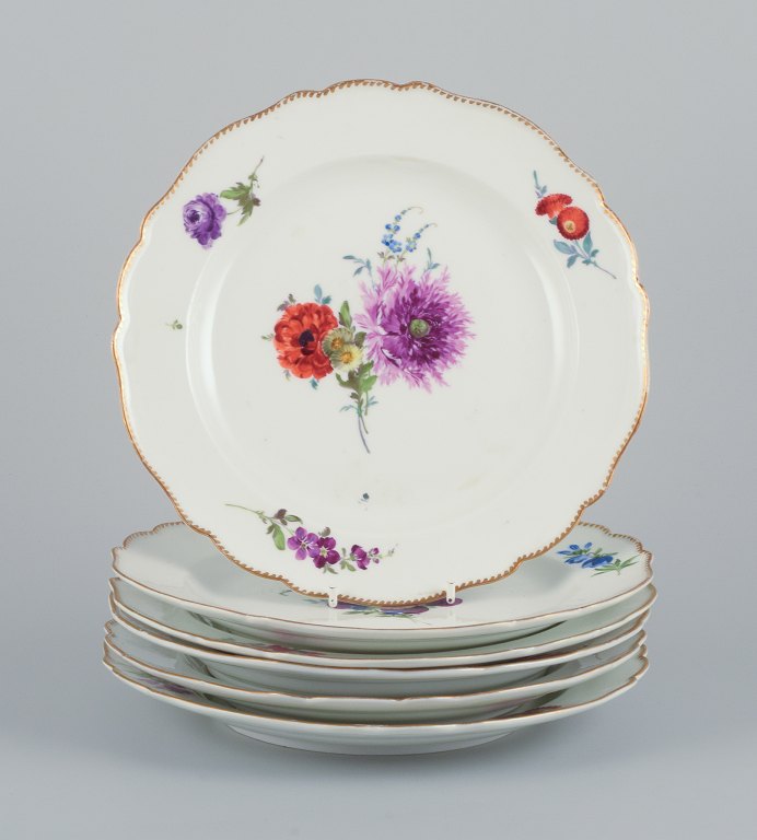 Meissen, Germany. A set of six antique porcelain dinner plates. Hand-painted 
with polychrome floral motifs.