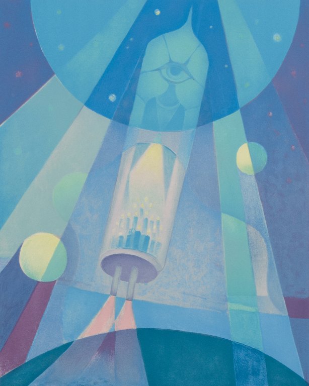 Sven Jonson (1902-1981), Swedish artist. Color lithograph on paper.
Cubist-style depiction of a spacecraft.