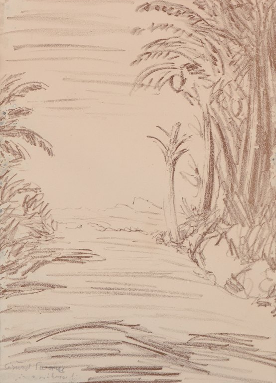 Sigurd Swane (1879-1973) , Danish artist. Mixed media on paper.
Landscape with trees. Expressive brushstrokes.
