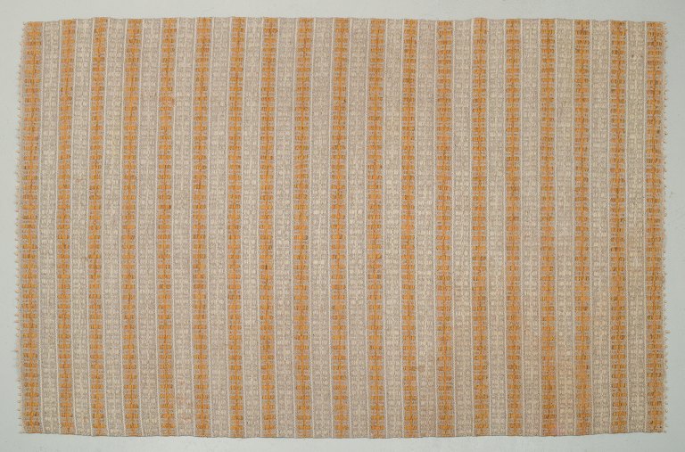Swedish textile designer. Handwoven carpet in pure wool.Geometric fields. Yellow, gray, and white colors.