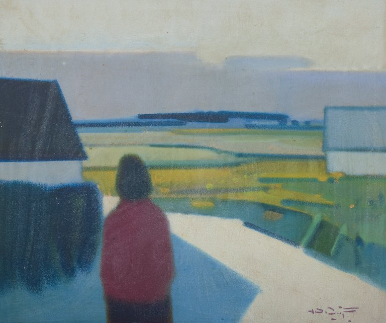 Knud Horup (1926-1973), dansk kunstner, olie på lærred. Figur i landskab.