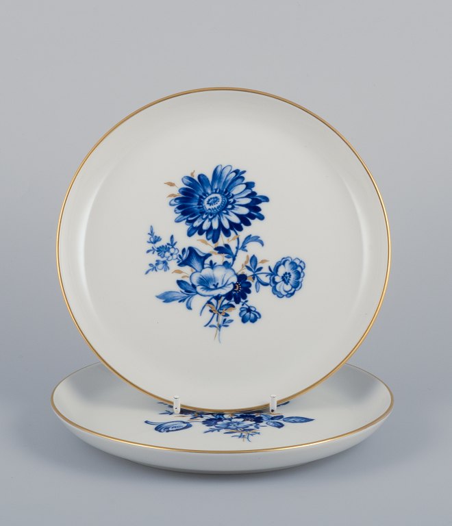 Meissen, Germany. Two plates. Hand-decorated with blue floral motifs, gold rim.