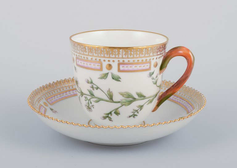 Royal Copenhagen Flora Danica coffee cup with saucer.
Hand-painted.