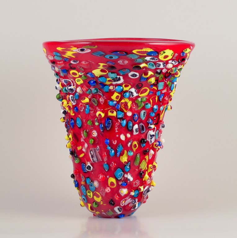 Murano, Italy.
Large art glass vase. Red mouth-blown glass.