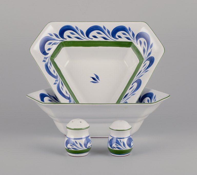 Herend, Hungary. Two large salad bowls and a salt and pepper set in ceramic.
