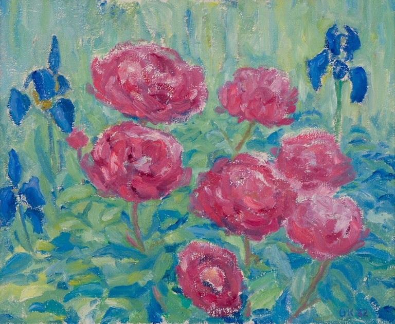 Ole Kielberg (1911-1985), dansk maler.Olie på lærred. Blomsteropstilling.