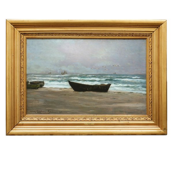 Carl Locher, 1851-1915, Öl auf Holz. Sturm am südöstlichen Strand Skagens 1886. 
Signiert und datiert 1886. Lichtmasse: 47x75cm. Mit Rahmen: 71x99cm