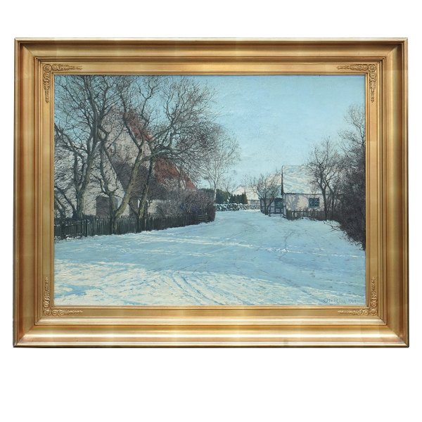 Ole Ring, 1902-72, Öl auf Leinen. Wintertag in einem Dorf. Signiert Ole Ring 
1963. Lichtmasse: 57x75cm. Mit Rahmen: 76x94cm