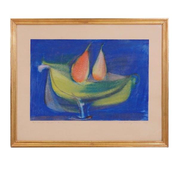 Carl-Henning Pedersen tegning. Carl-Henning Pedersen, 1913-2007, tegning. "Grøn 
skål med røde pærer". Signeret og dateret 1955. Lysmål: 35x52cm. Med ramme: 
55x69cm