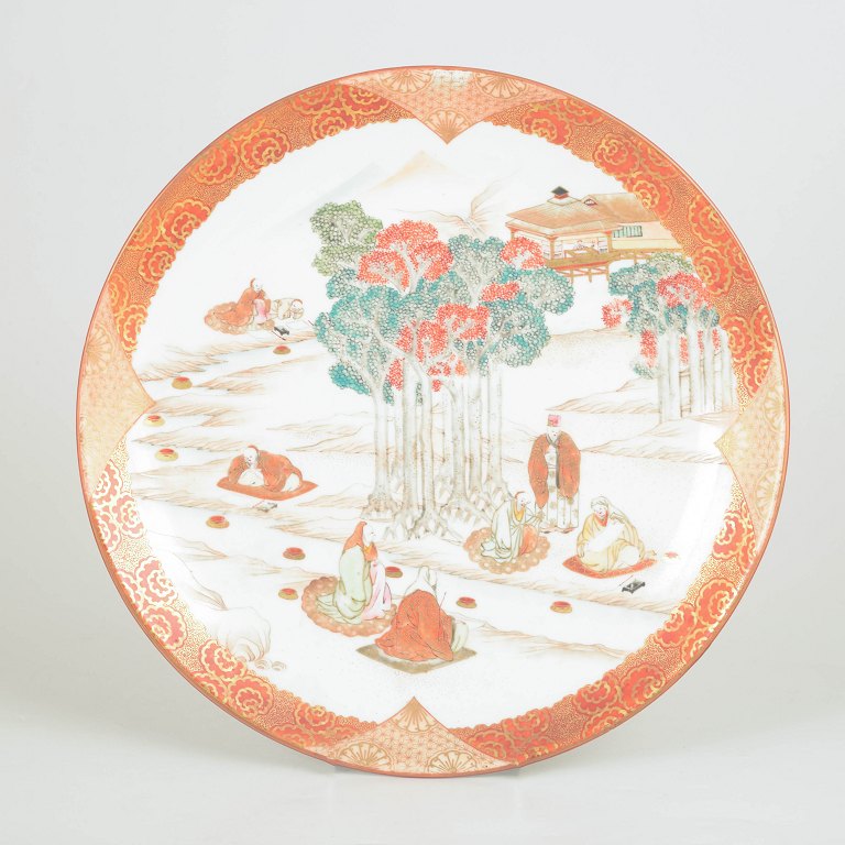 Kutani porcelænsfad i aka-e stil, stort fad.