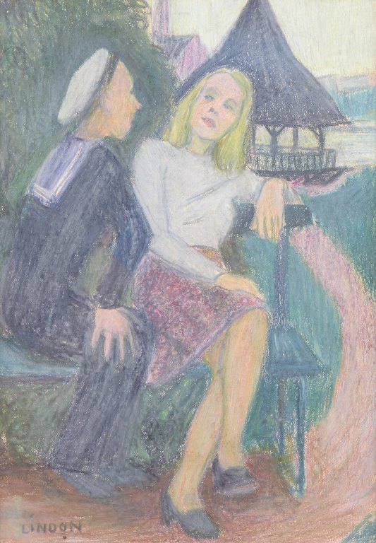 Kurt Lindon, “Sommarkväll”, pastel, listet svensk billedkunstner.