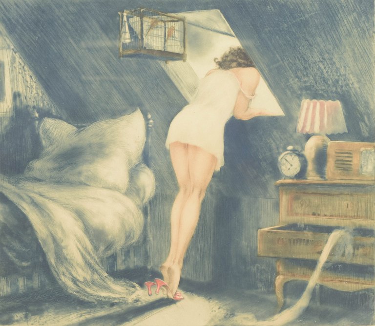 Louis Icart, "Attic Room", radering, fransk billedkunstner.