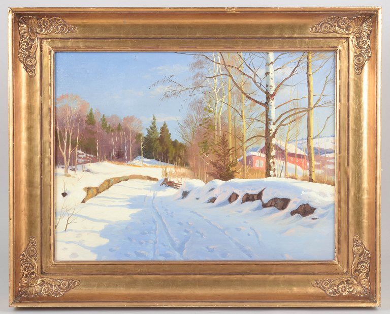 Dansk kunstner, vinterlandskab, olie på lærred.