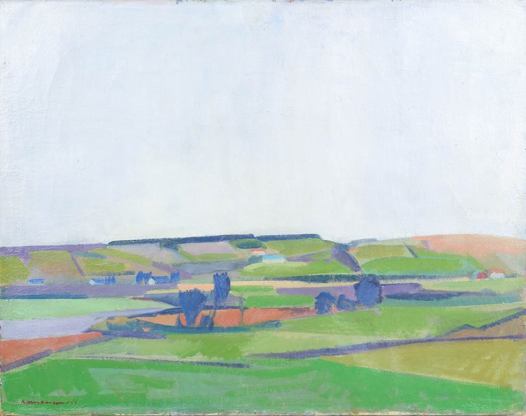 Dansk kunstner, oliemaleri på lærred, modernistisk landskab, 1956.
