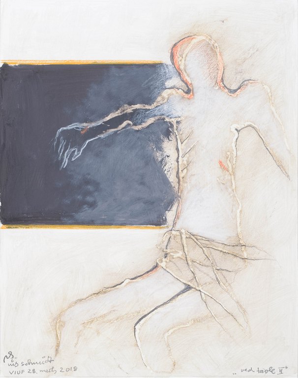 Nis Schmidt, "Ved tavle II", mixed media på papir, listet dansk billedkunstner.