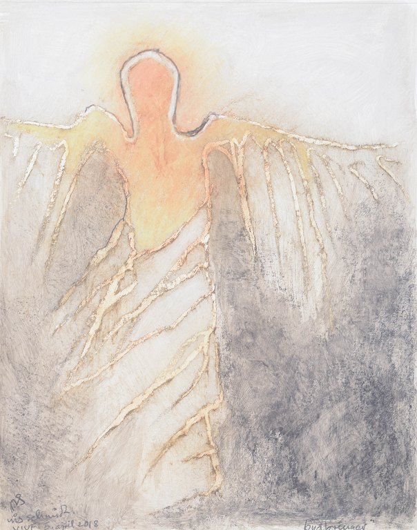 Nis Schmidt, "Budbringer", mixed media på papir, listet dansk billedkunstner.