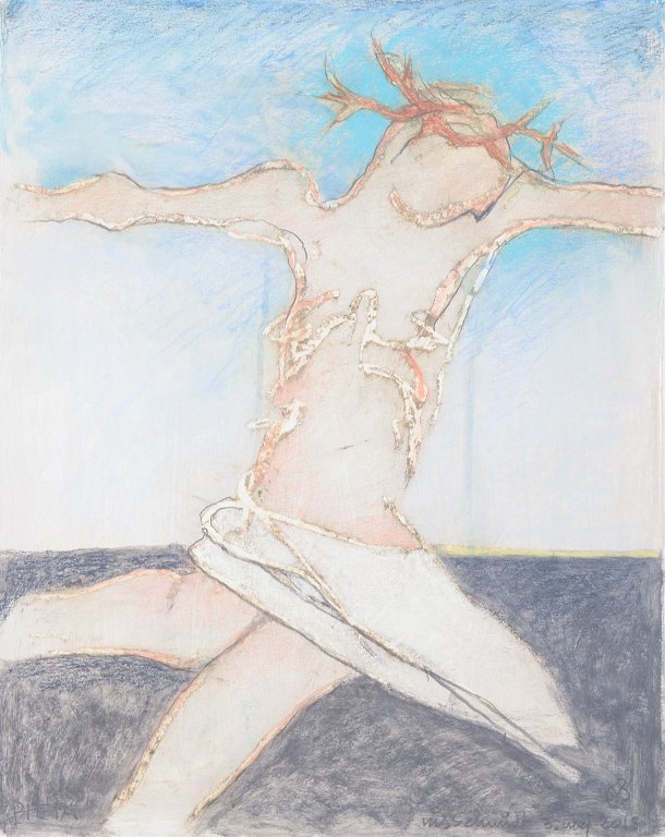 Nis Schmidt, "Pietà", mixed media på papir, listet dansk billedkunstner.