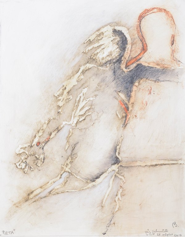 Nis Schmidt, "Pietà", mixed media på papir, listet dansk billedkunstner.