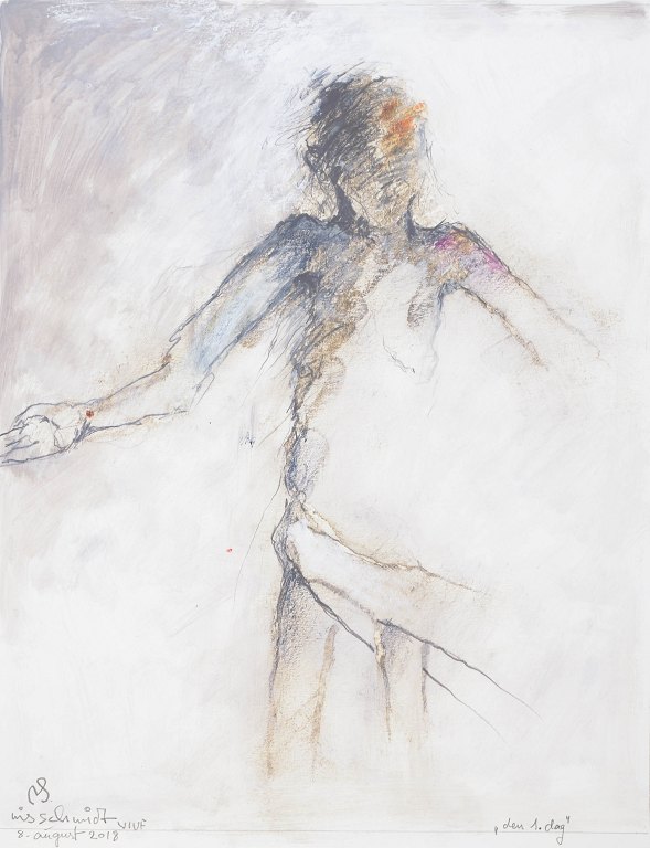 Nis Schmidt, "Den 1. dag", mixed media på papir, listet dansk billedkunstner.