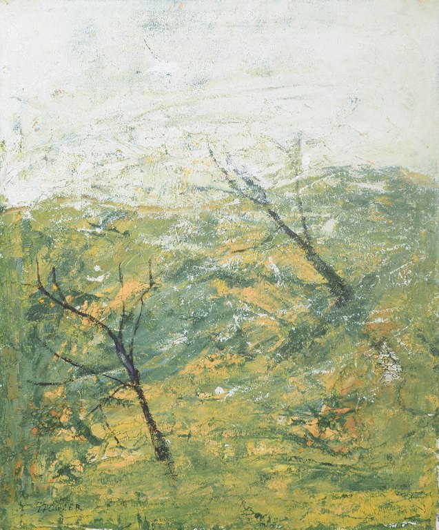 Göta Fogler, “Vind bitna träd”, oliemaleri på lærred, listet svensk kunstner.