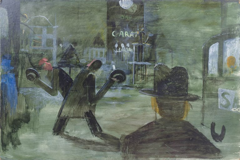 Sören Andersson (f. 1941), bymotiv, oliemaleri på plade, listet svensk kunstner.
